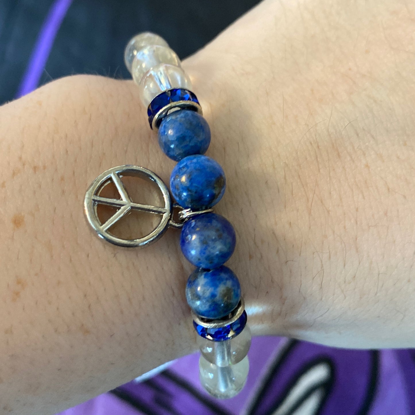 Bracelet Lapis Lazuli Clear Quartz Peace Sign