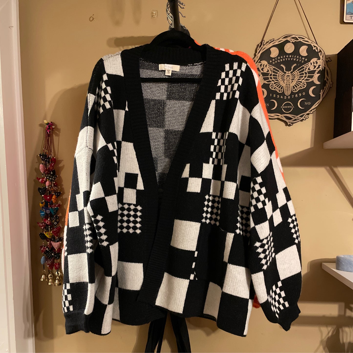 Black Checker Print Knit Cardigan